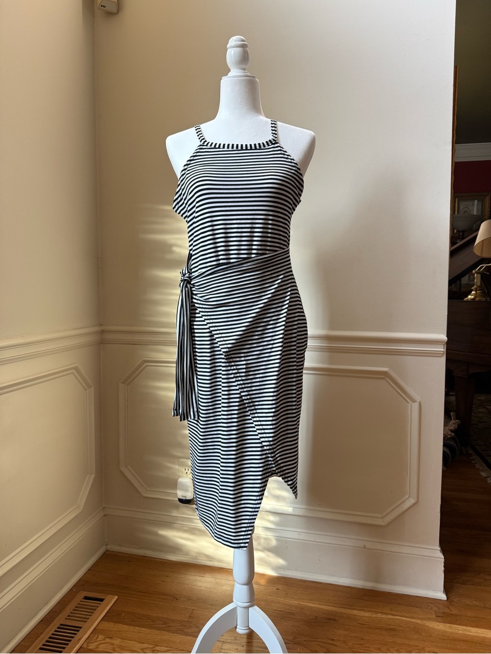 Striped Black and White Halter Midi Dress with Side Tie
